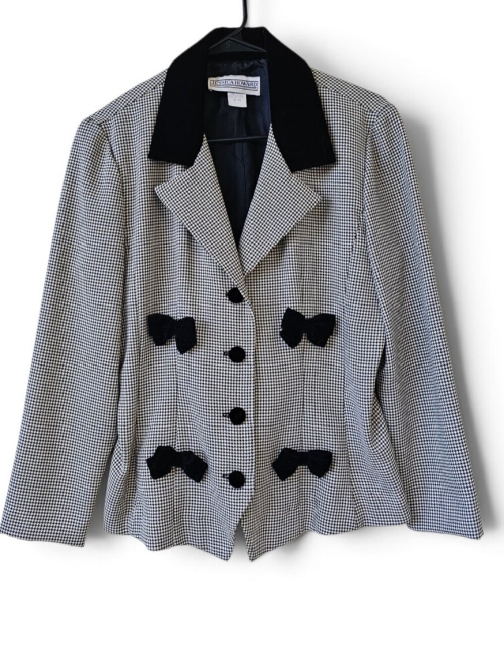 Jessica Howard Houndstooth & Velvet Bow Blazer Black & White Holiday Size 10